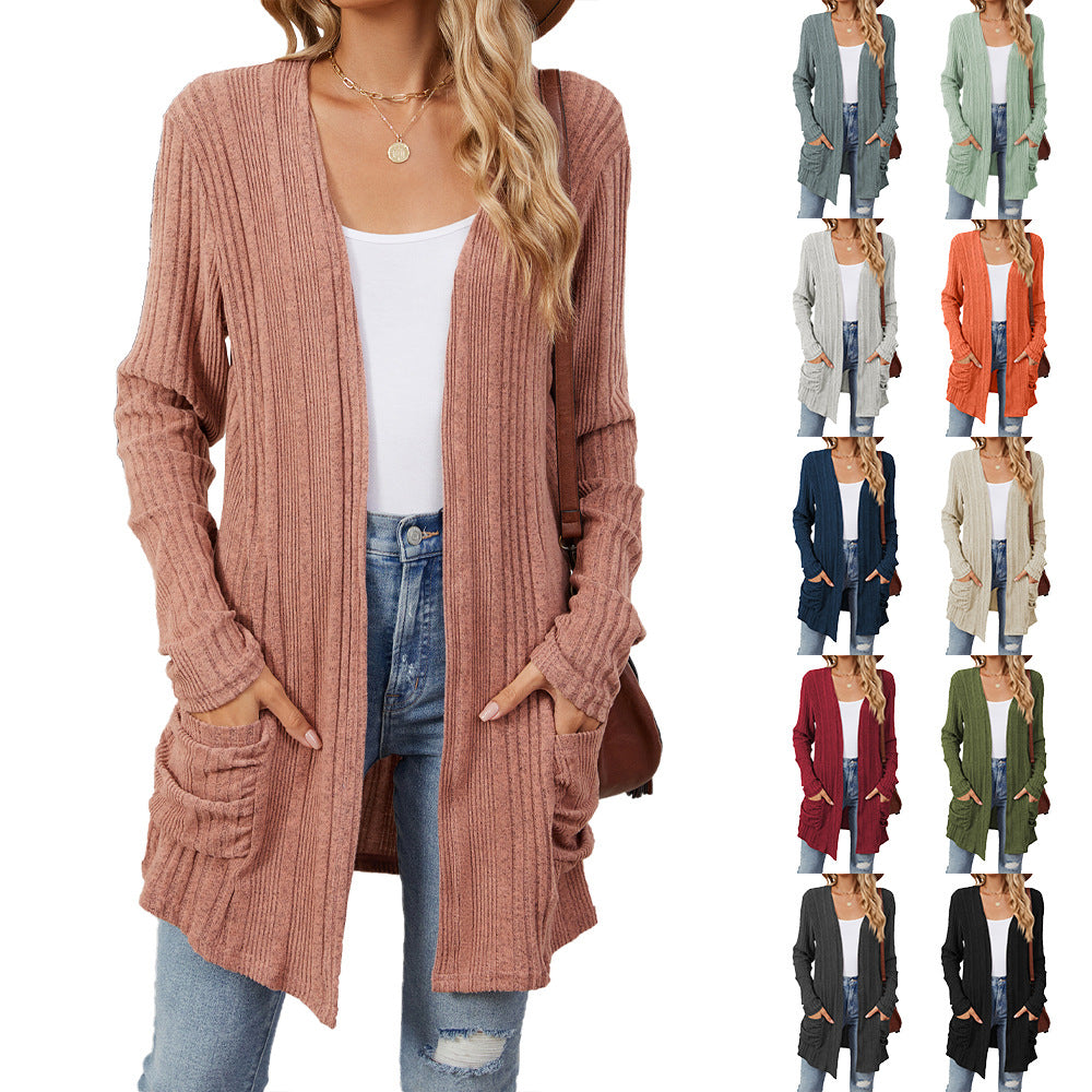 Women's Color Rib Fabric Brushed Pocket Long Cardigans