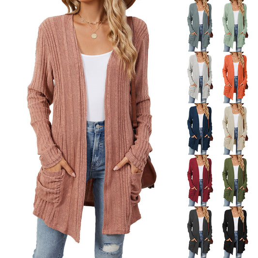 Women's Color Rib Fabric Brushed Pocket Long Cardigans
