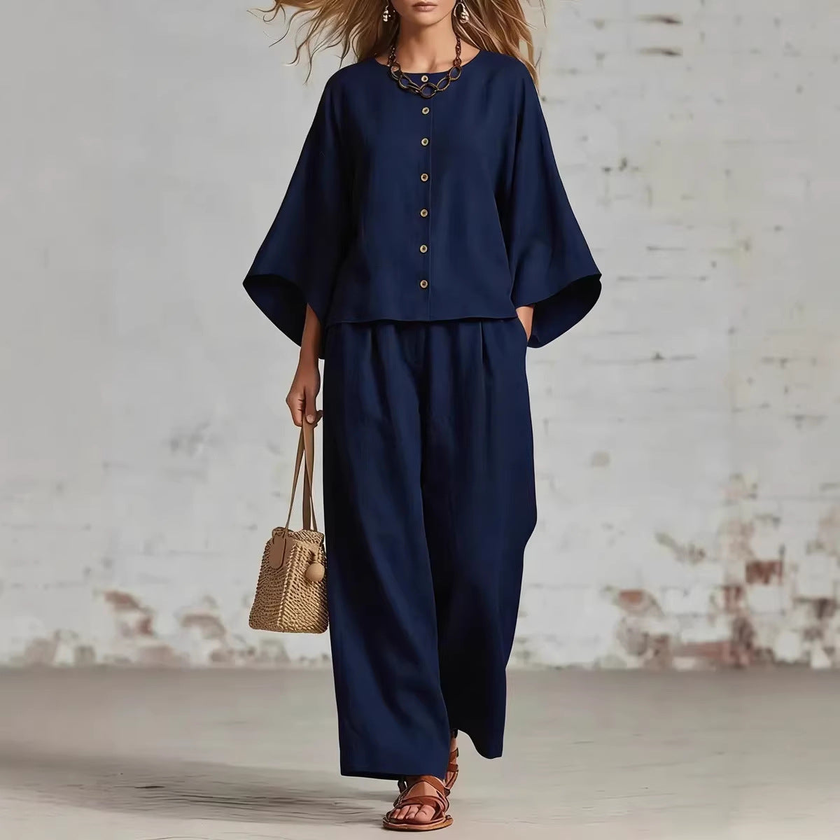 Popular Women's Cotton Linen Wide Leg Fashion Casual Suit