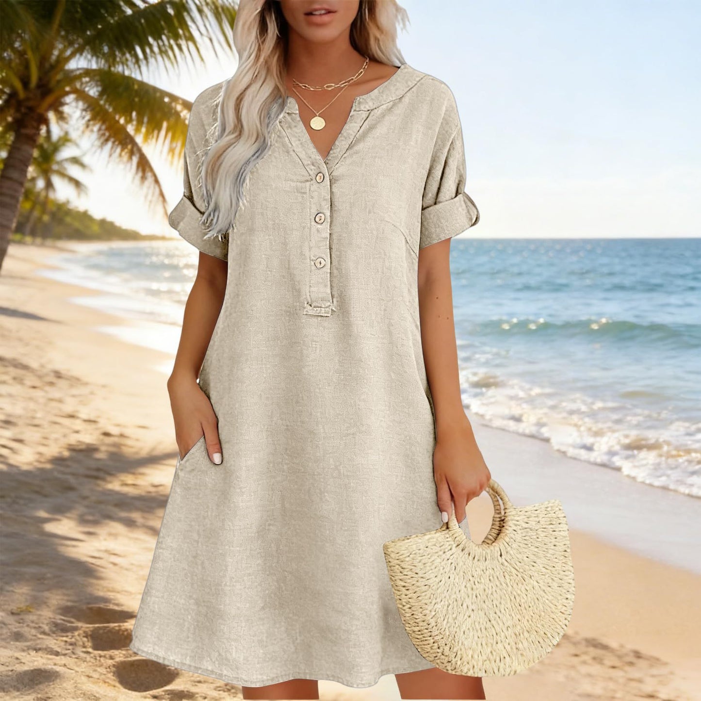 Sleeve Buttons Pocket Solid Color Shirt Shorts