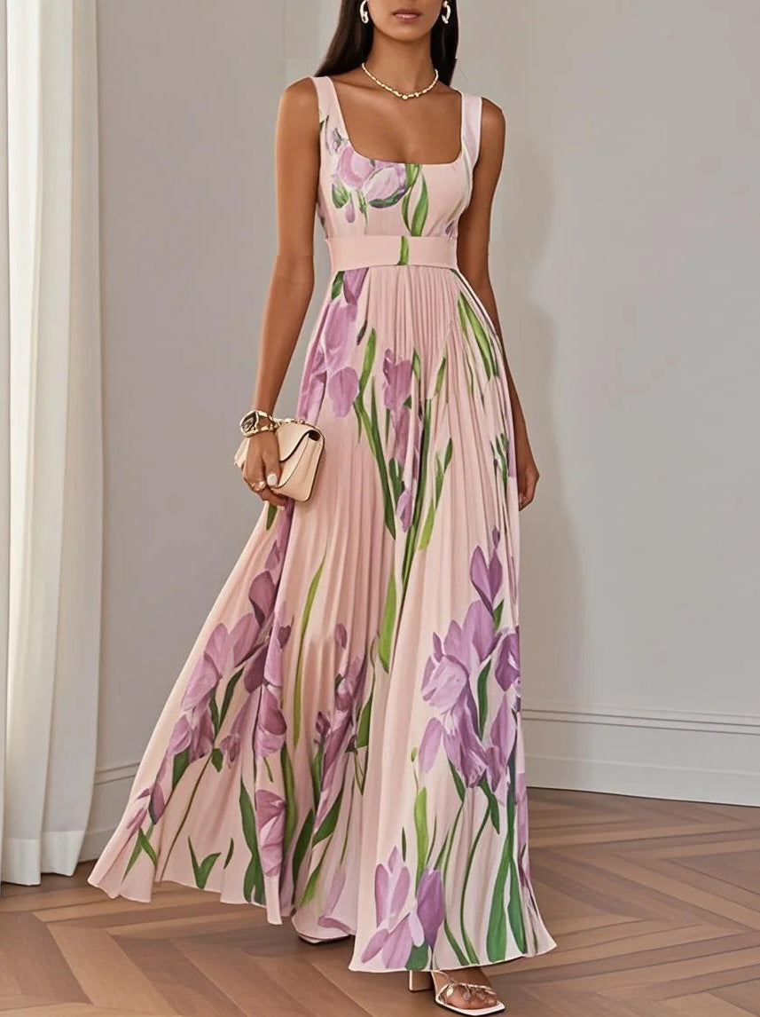 Women's Sling Digital Printing Pleated Floral Maxi Dresses