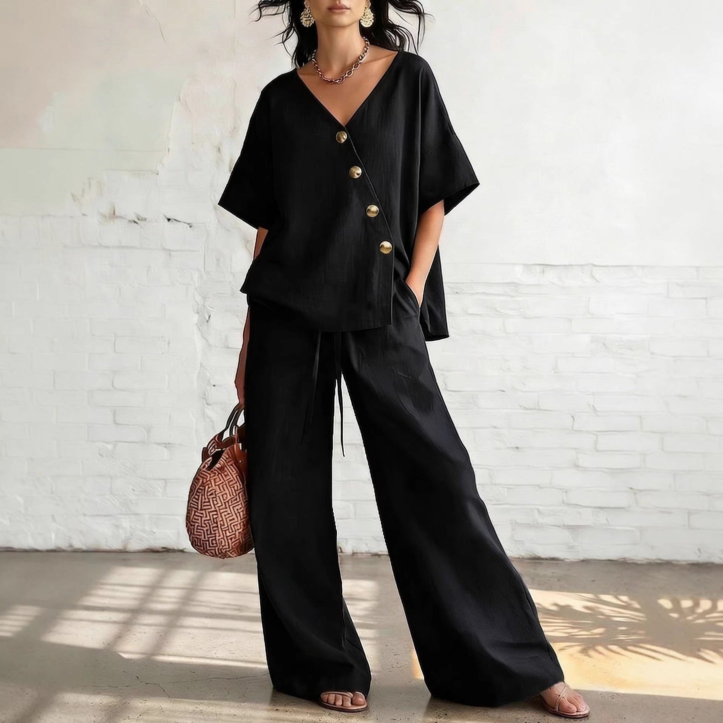 Women's Solid Color Loose Short-sleeved Drawstring Trousers Suits