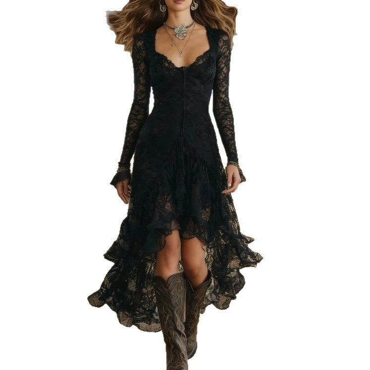 Women's Solid Color Stitching High Waist Long Sleeves Lace Dress