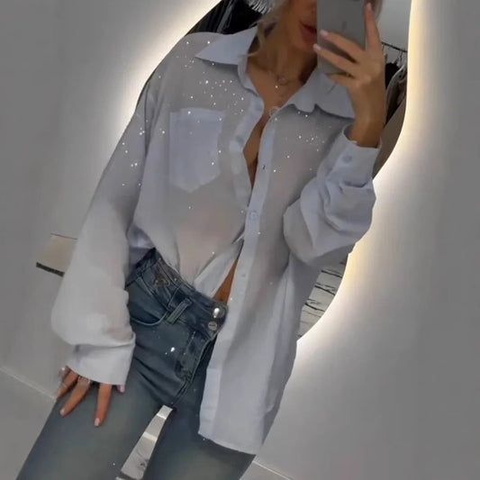 Women's Trendy Sequined Shirt Thin Loose Blouses