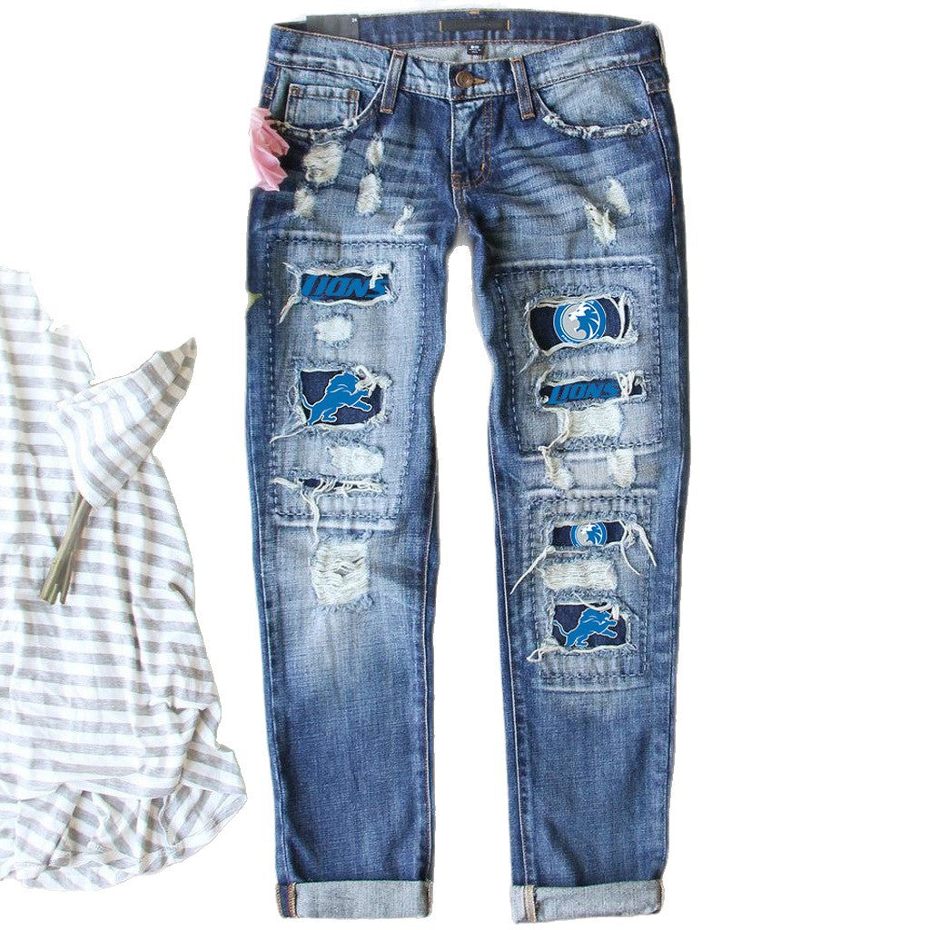 Women's Slouchy Fashion Printing Hole Straight Jeans