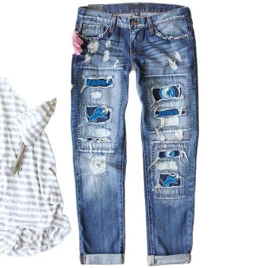 Women's Slouchy Fashion Printing Hole Straight Jeans