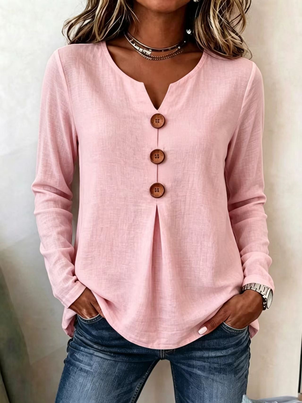 Women's Autumn Loose Solid Color Button Pleating Tops