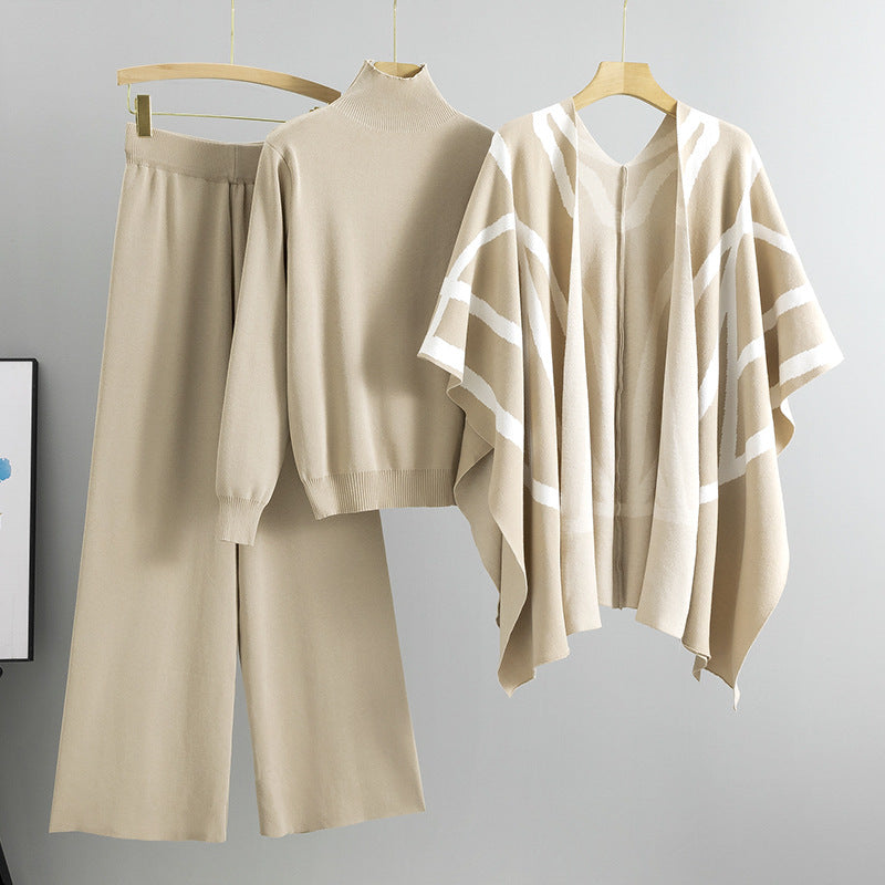 Women's Temperament Idle Style Knitted Shawl Cape Wide Leg Fashion Casual Suit
