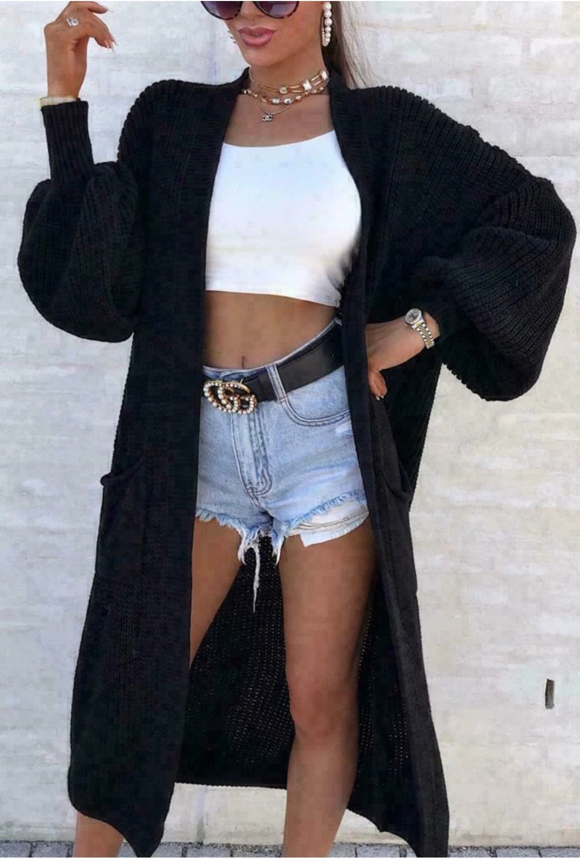 Women's Versatile Thick Needle Pocket Long Solid Knitwear