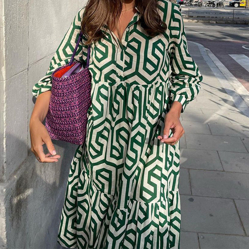 Women's Long Sleeve Turn-down Collar Green Geometric Pattern Dress