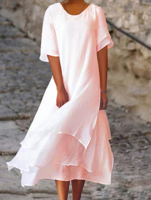 Summer Cotton Linen Color Matching Slit Sleeve Dress