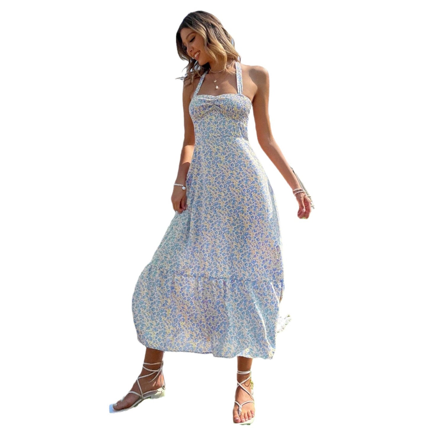 Print Sleeveless Bust Pleating Backless Waist Dresses