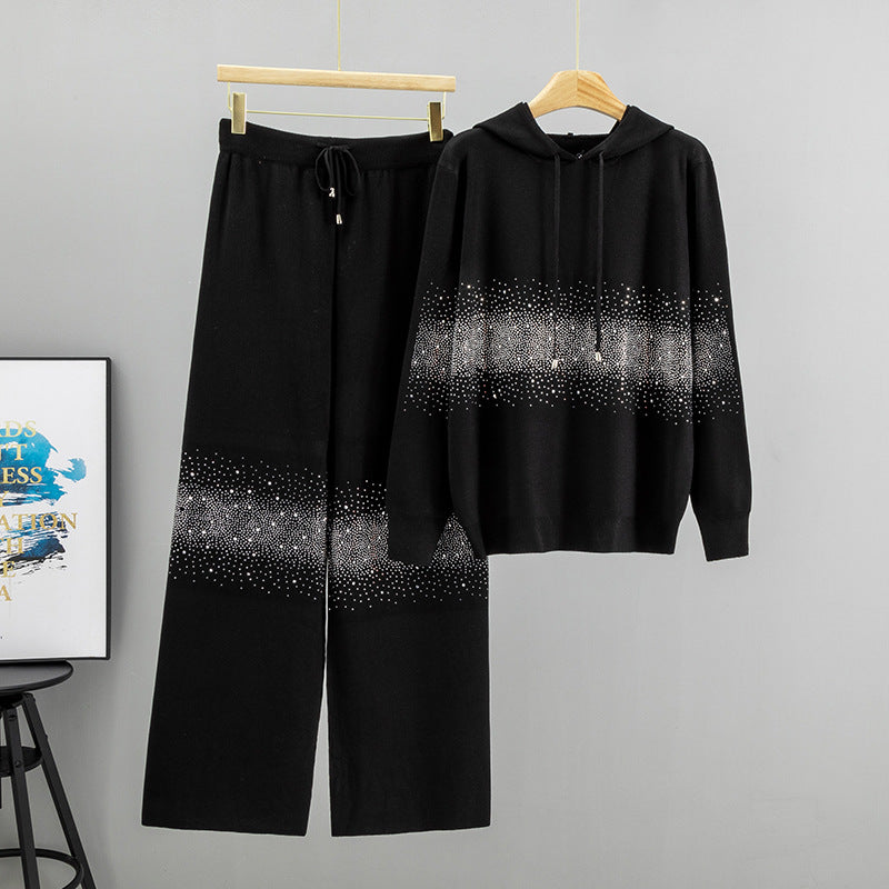 Women's Starry Hot Rhinestone Fashionable Knitted Autumn Hooded Fashion Casual Suit