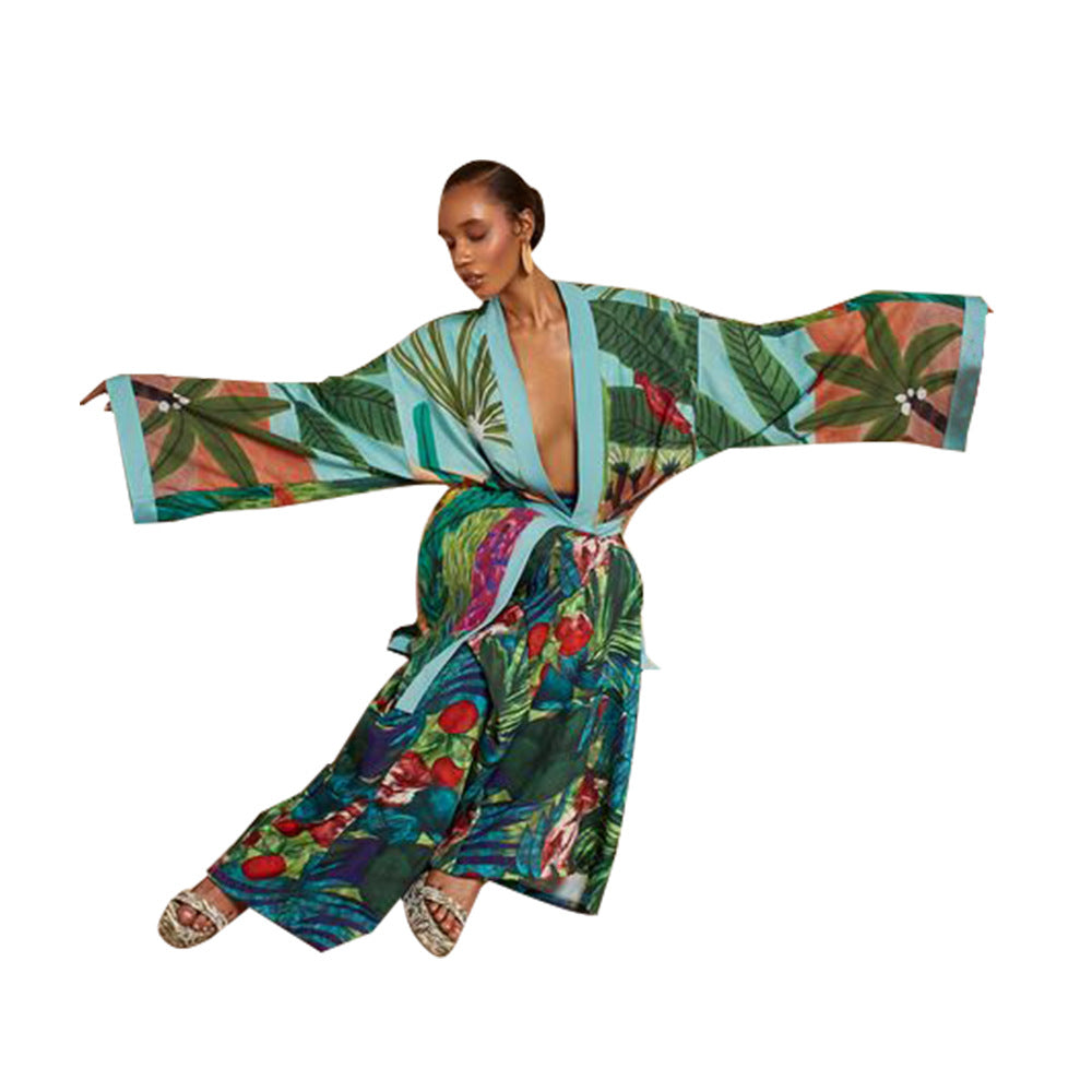 Women's Straight Hair Kimono Print Trench Coats