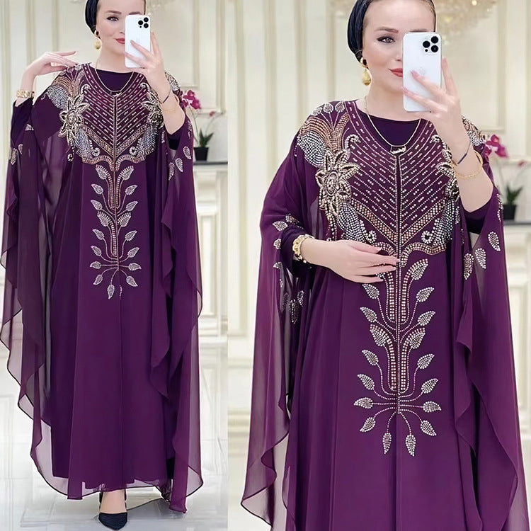 Women's African Dress Chiffon Rhinestone Robe Muslim Dresses