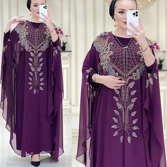 Women's African Dress Chiffon Rhinestone Robe Muslim Dresses