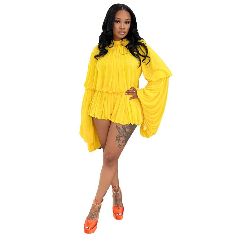 Women's Casual Style Round Neck Lantern Sleeve Jumpsuits