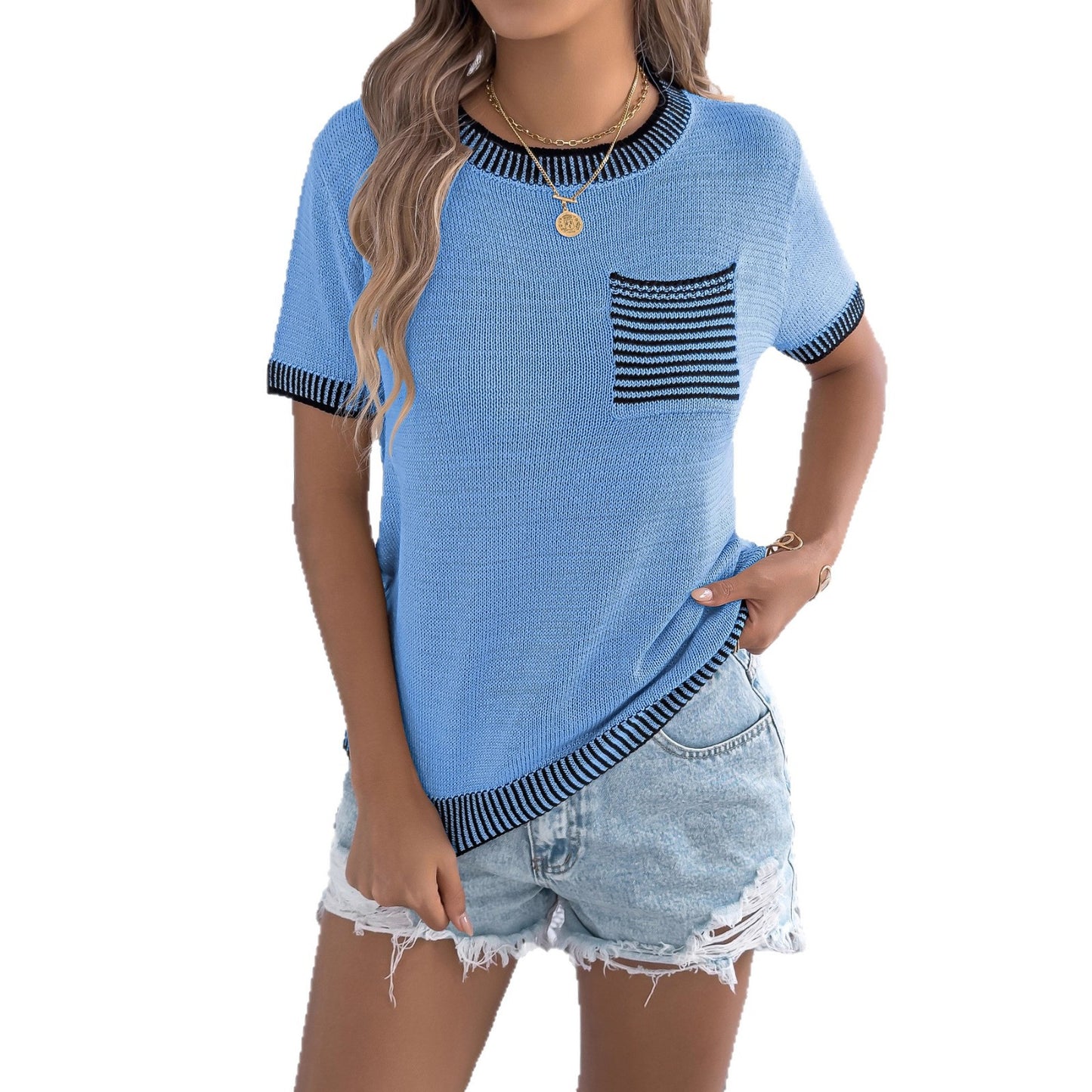 Women's Casual Contrast Color Striped Pocket Short-sleeved Women's Sweater