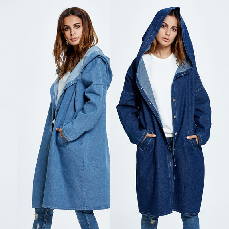 Trendy Comfortable Denim Overcoat Hooded Trench Coats
