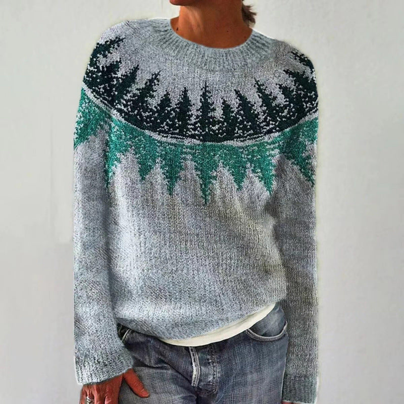Women's Tibetan Wolf Round Neck Loose Fashion Pullover Color Matching Dark Sweaters