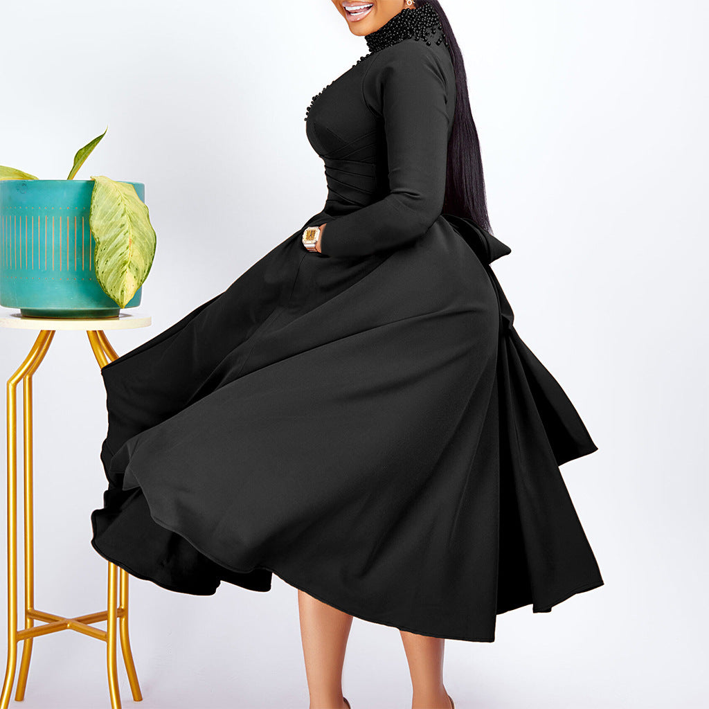 Women's Fashion High Collar Elegant Beaded Formal Swing Waist Dress