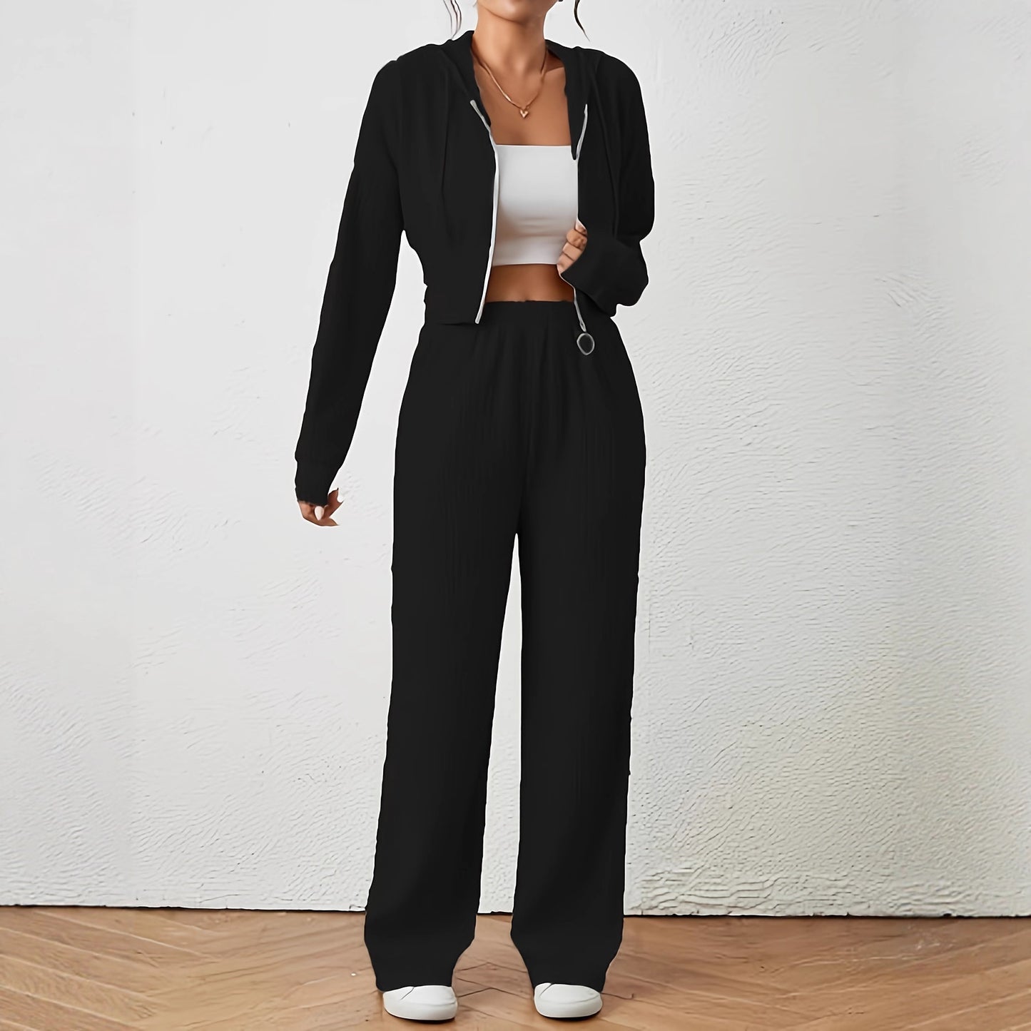 Color Texture Two-piece Long Sleeve Drop Shoulder Zipper Hoodie With Suits