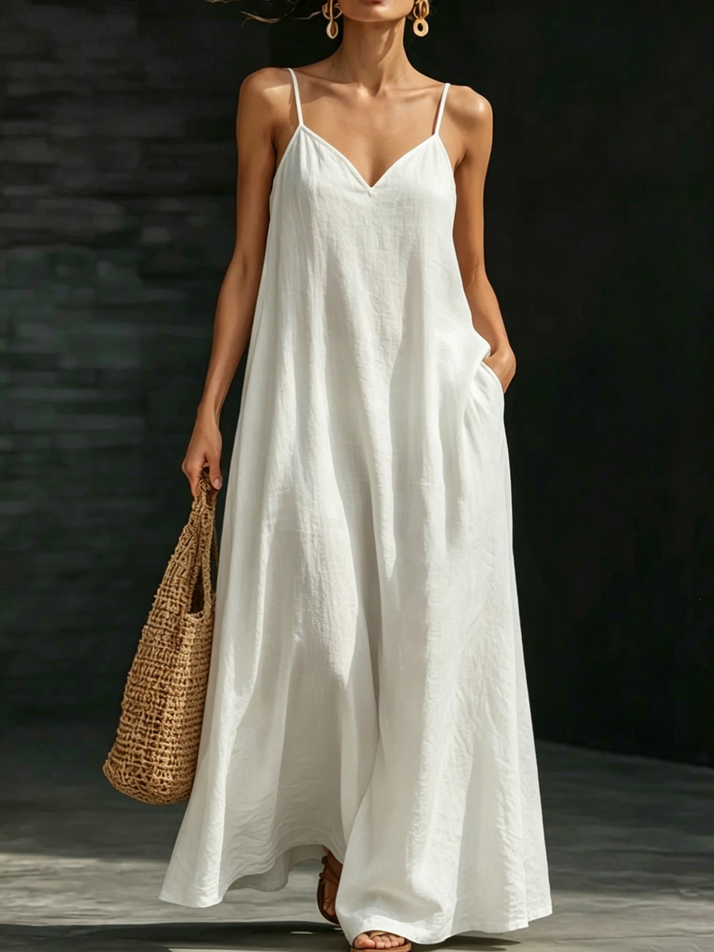 Women's Summer Strap Long Casual Fashion Large Swing Solid Color Dress