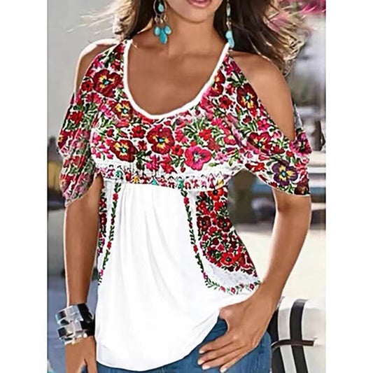 Women's Summer Loose Pleating Printed Sleeve T-shirt Blouses
