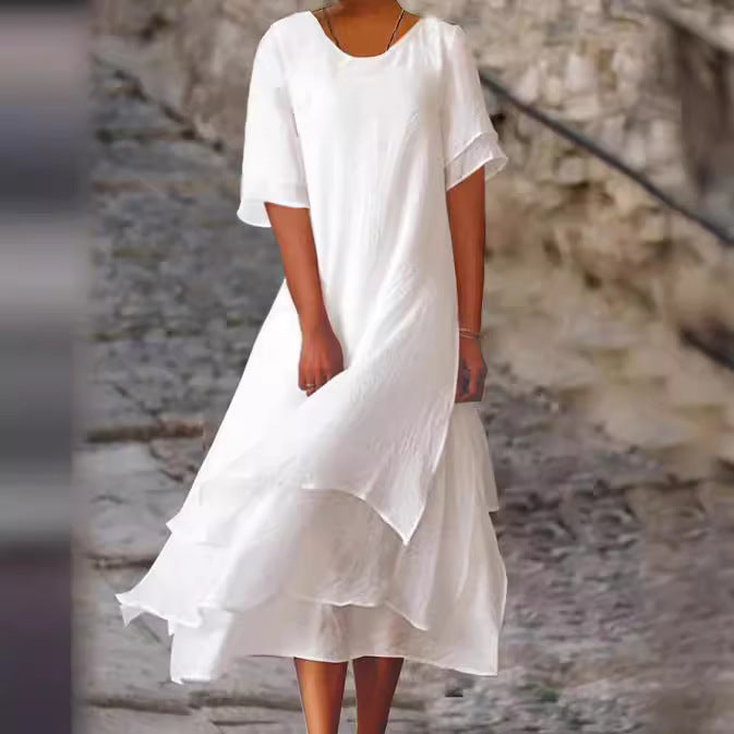 Summer Cotton Linen Color Matching Slit Sleeve Dress