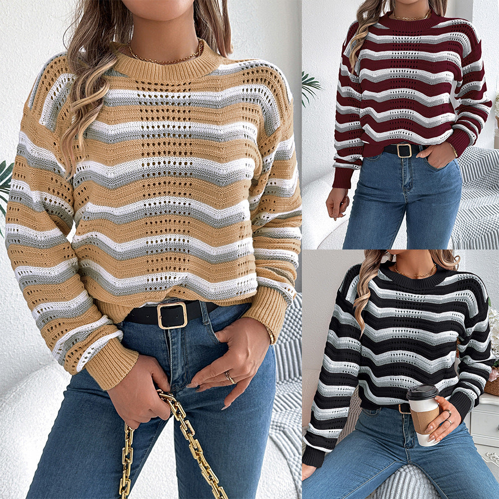 Women's Casual Spliced Striped Lantern Long Sleeve Sweater