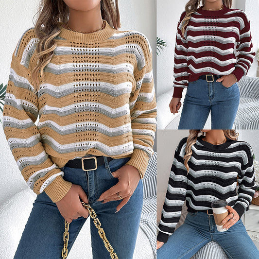 Women's Casual Spliced Striped Lantern Long Sleeve Sweater