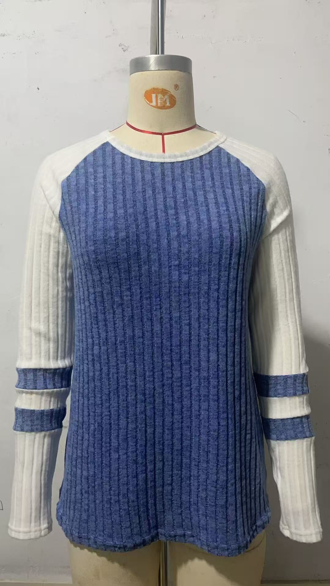 Women's Autumn Fashion Long Sleeve Contrast Color Round Neck Bottoming Sweater