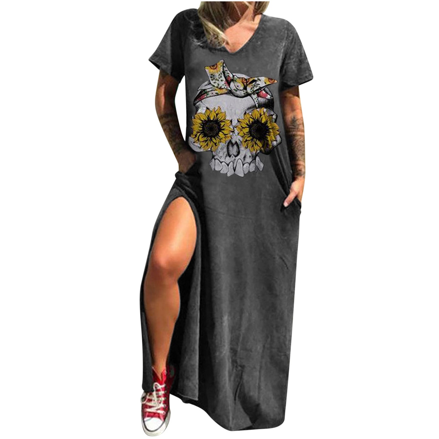 Skull Print Street Fashion Sleeve Slit Shorts