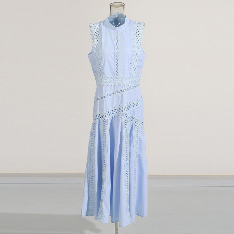 Women's High-grade Long Summer Stand Collar Sleeveless Lace Hollow Thin Clothing