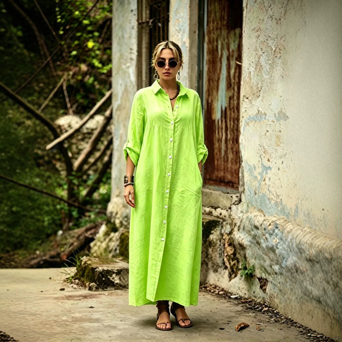 Solid Color Shirt Collar Long Sleeve Temperament Elegant Simple Loose Dress