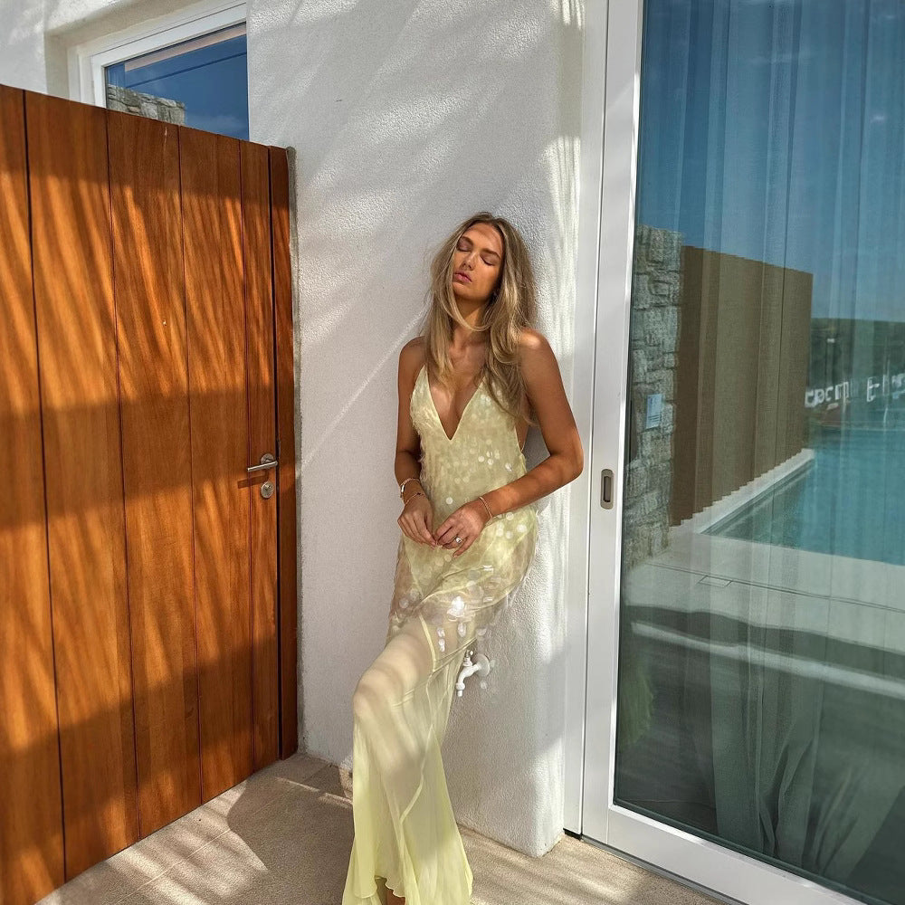 Women's Collar Sexy Sling Backless Slim Fit Sequin Dresses