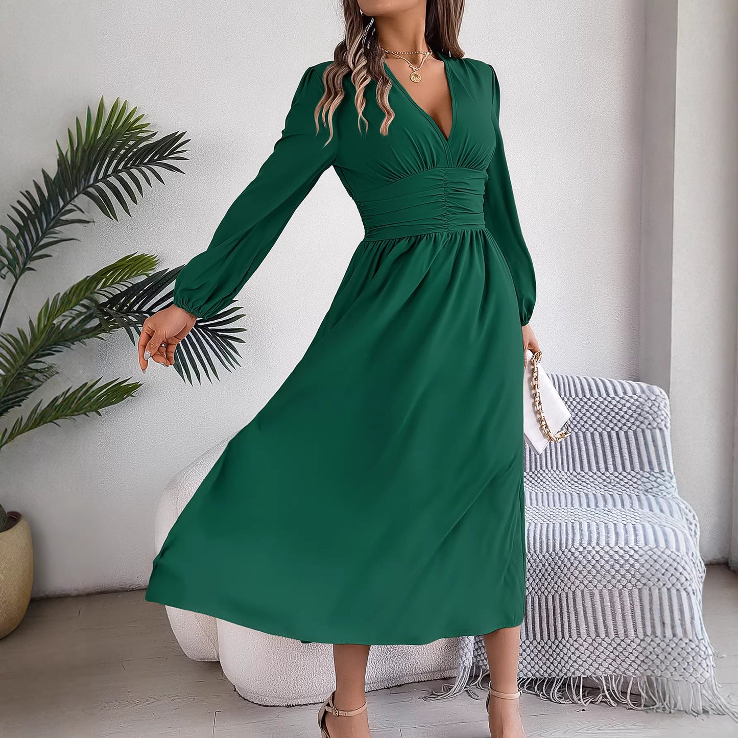 Women's Solid Color Long Sleeve Sexy Slit Dress