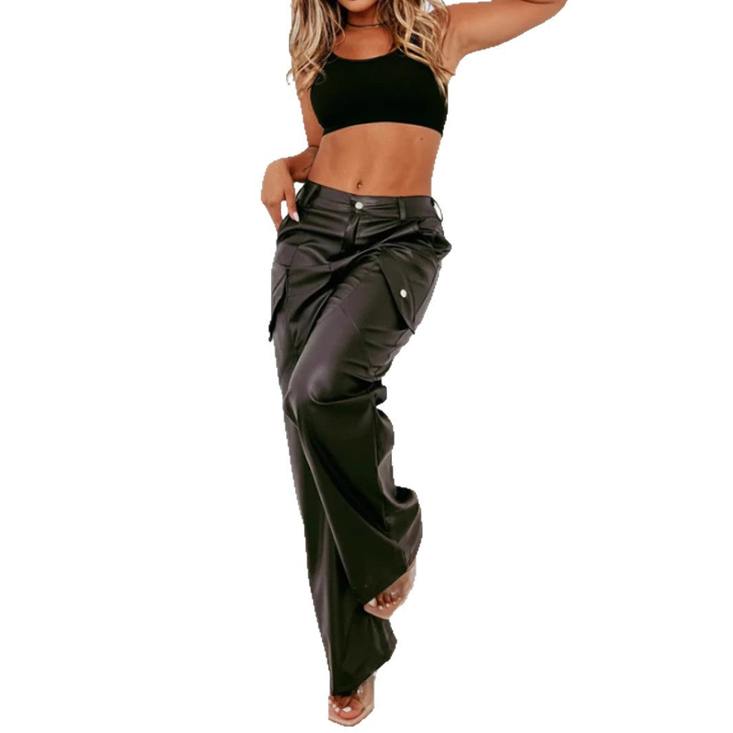 Women's American Leather Elastic Waist Straight Three-dimensional Pants