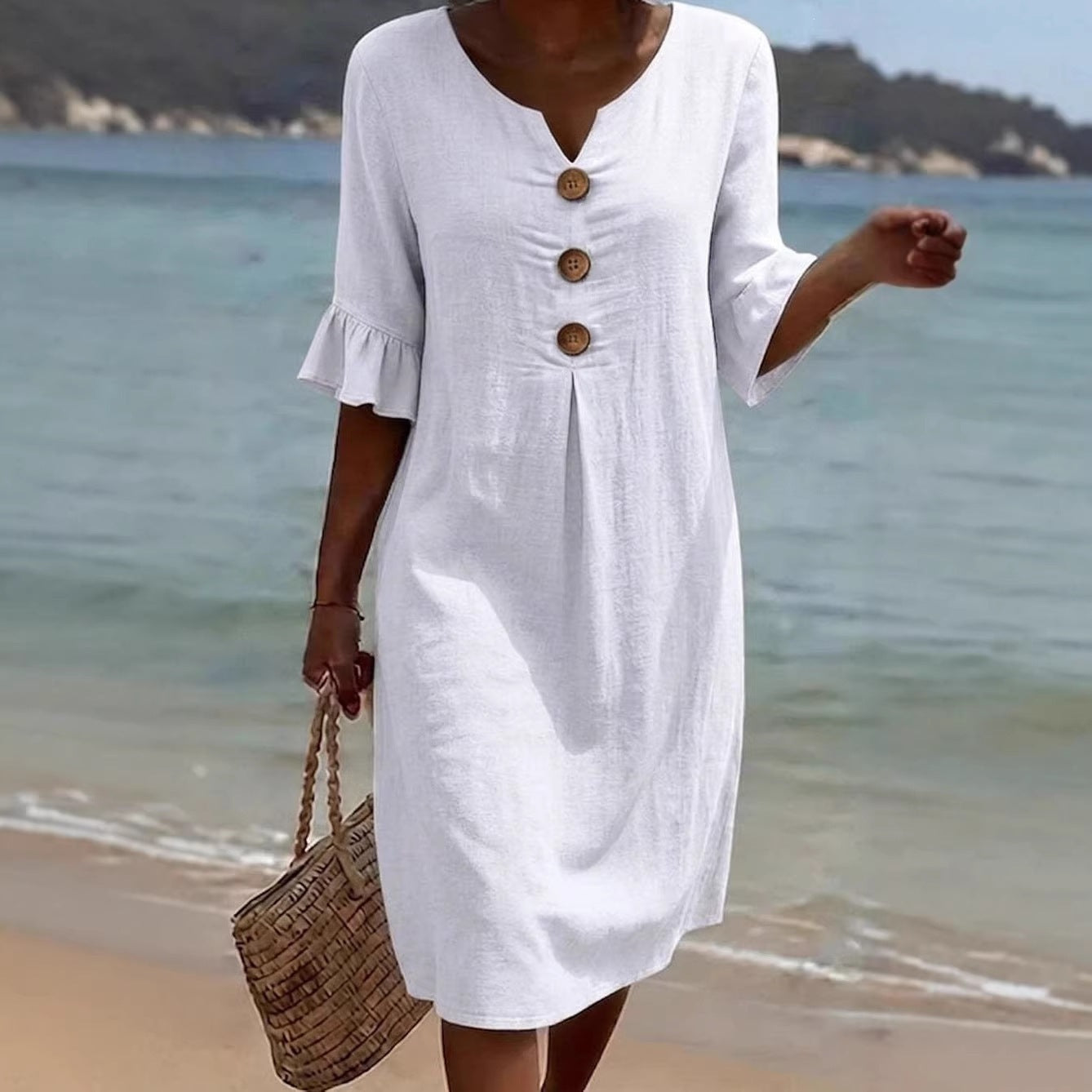 Women's Cotton Linen Large Buttons Ruffle Sleeve Dress
