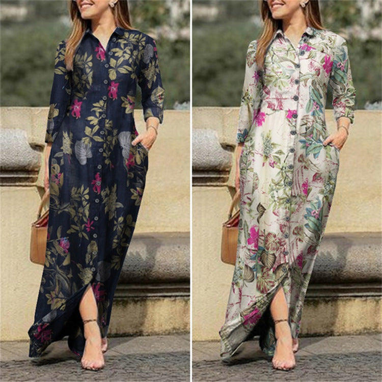 Women's Casual Polo Collar Robe Long Floral Dresses