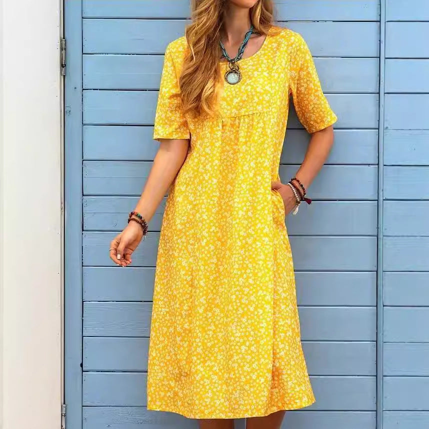 Floral Round Neck Pocket Sleeve Casual Mid-length Dress