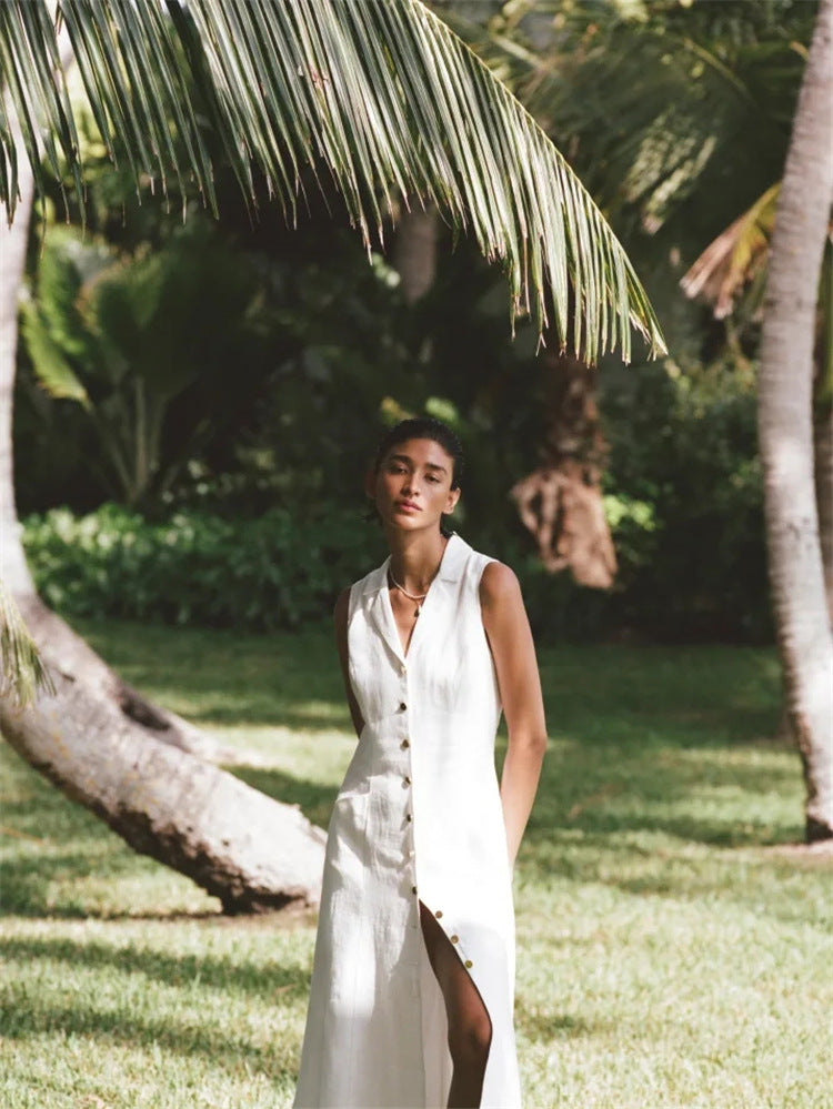 Women's White Collar Sleeveless Waist Mid-length Dress Dresses