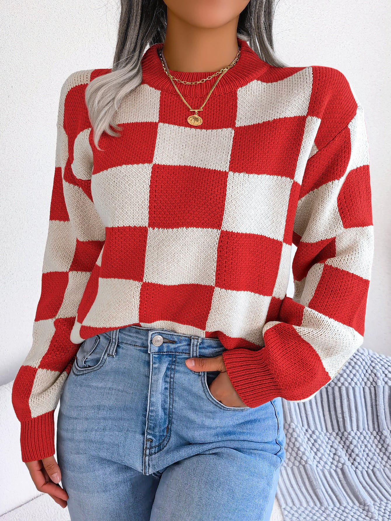 Women's Street Style Check Long Sleeve Pullover Sweater