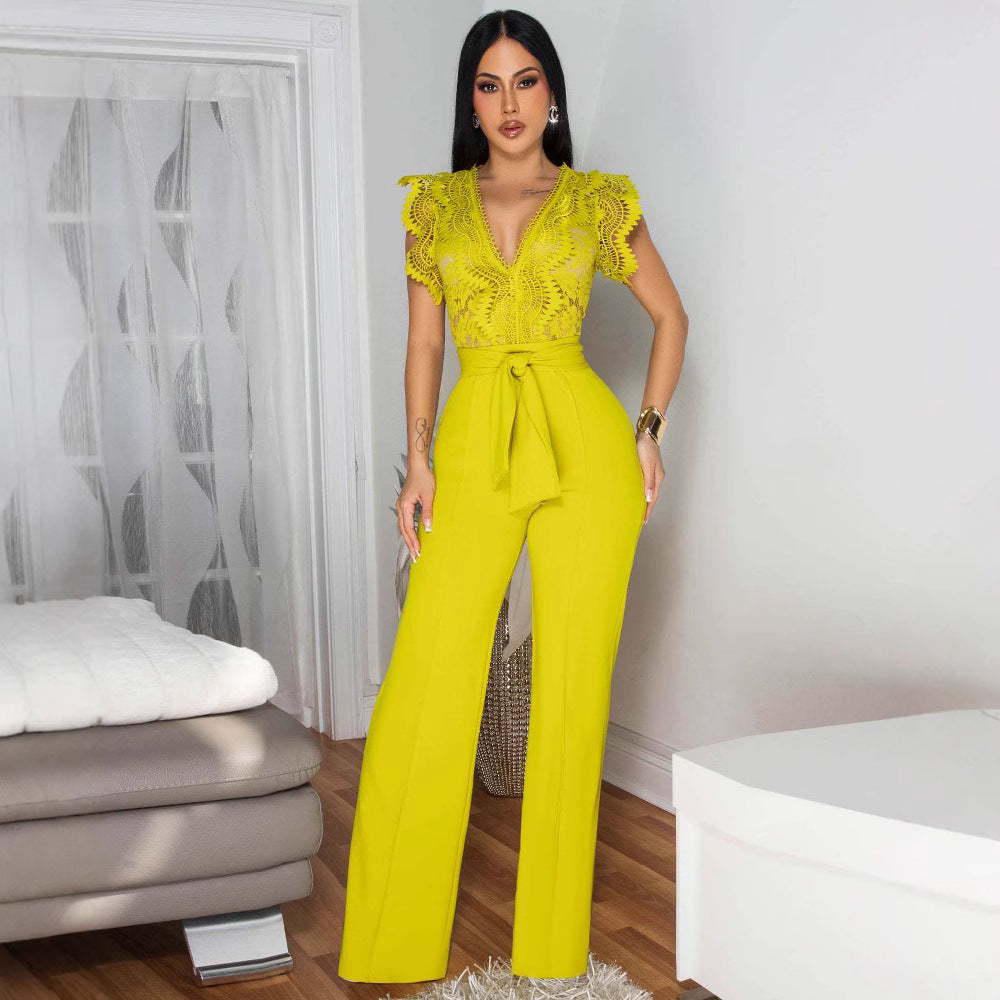 Women's Personalized Line Lace Stitching Sleeveless Sports Jumpsuits