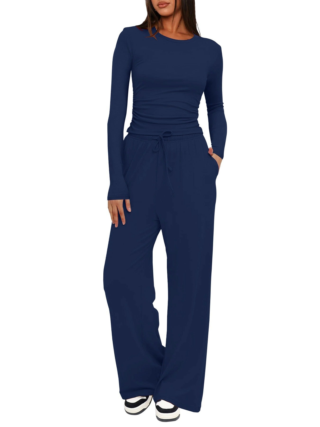Women's Color Pleated High Waist Wide Leg Fashion Casual Suit