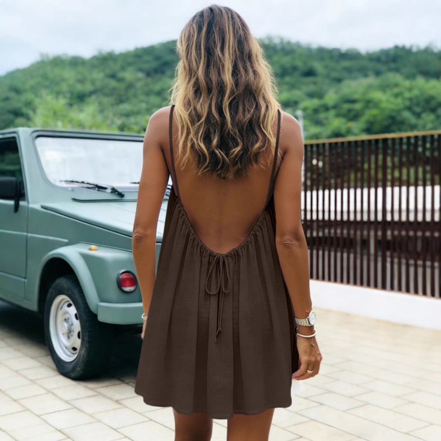 Women's Ice Silk Wrinkle Solid Color Pleating Backless Dress