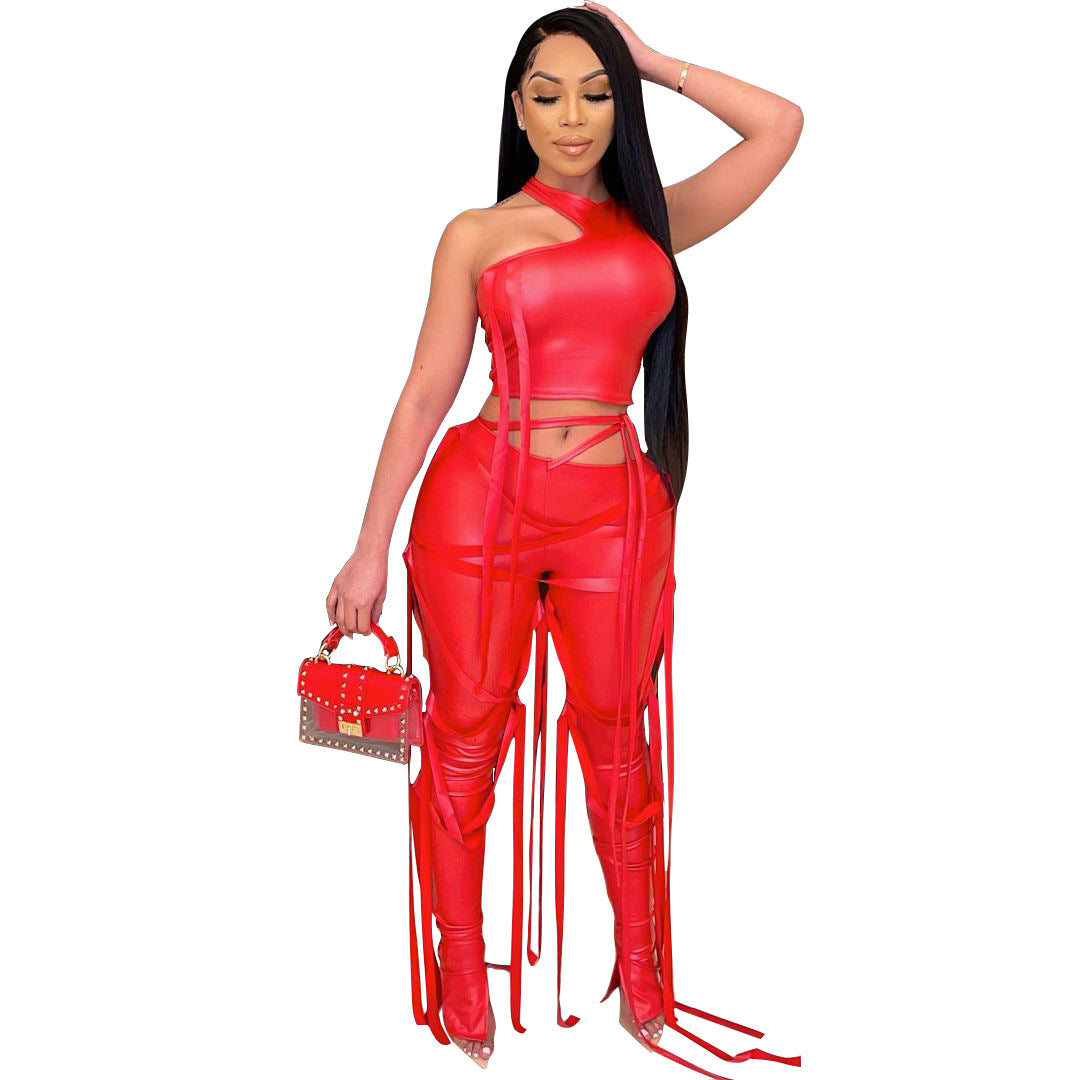 Women's Sexy Two-piece Strap Imitation Leather Nightclub Suits