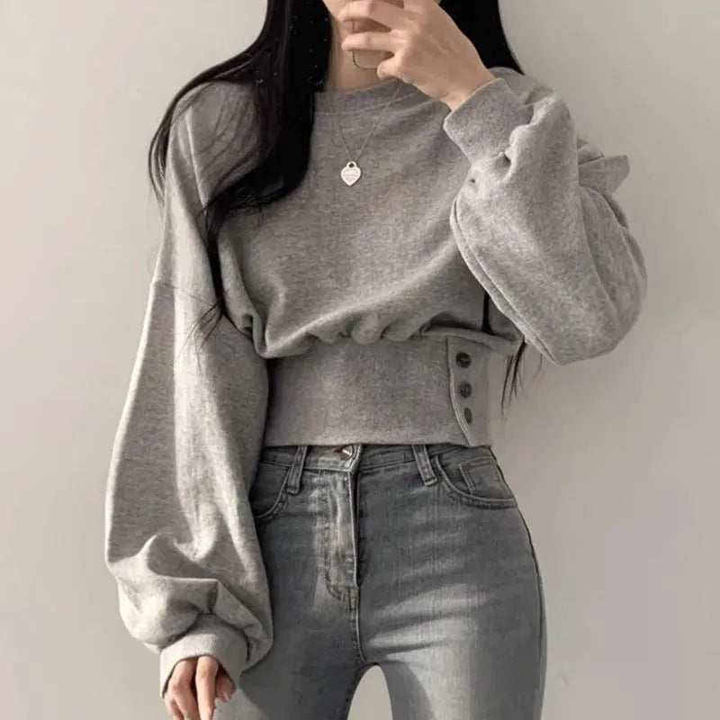 Women's Korean Round Neck Buckle Waist Slimming Women's Sweater, Sweater