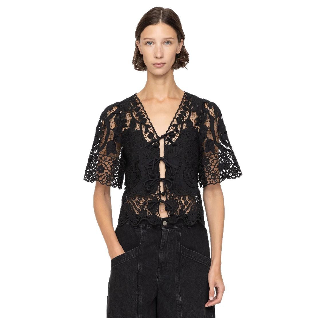 Hollow Lace Embroidered Flounce Trim Up Blouses