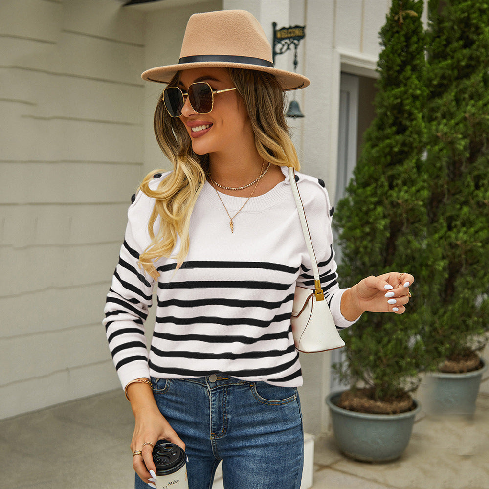 Spring Pullover Patchwork Button Striped Stitching Women's Sweater